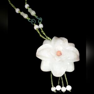 Vintage Hand carved flower floral Jade stone pale green white red EUC with box